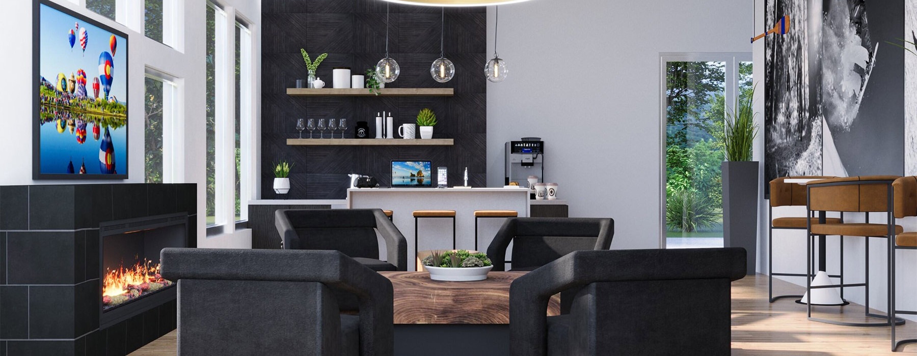 a room with a fireplace and a table with a tv and a shelf with plants on it